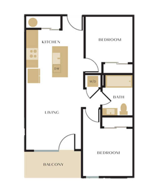 Floor plan for 2 beds, 1 bath, 748 sqft